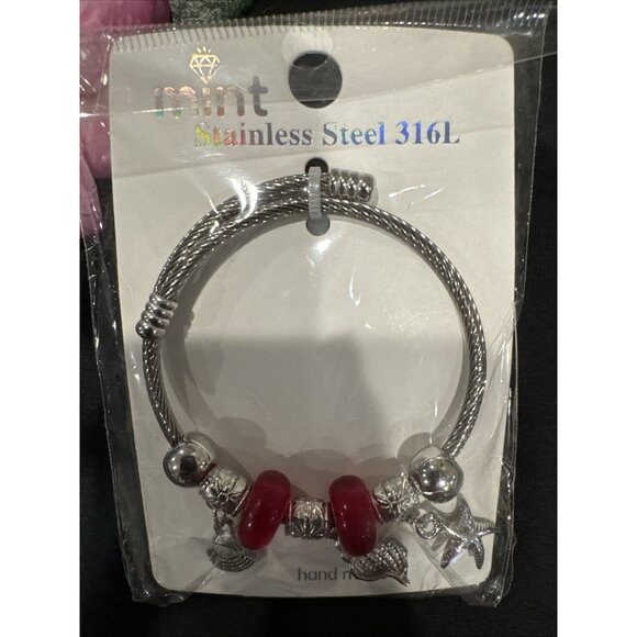 Mint Stainless Steel Starfish Shell Crystal Charm Silvertone Bangle Bracelet NEW - Picture 5 of 6